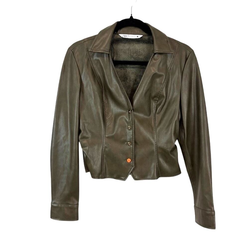NWT Zara Fitted Faux Leather Shirt‎ Olive Green - Size S- Edgy NYFW